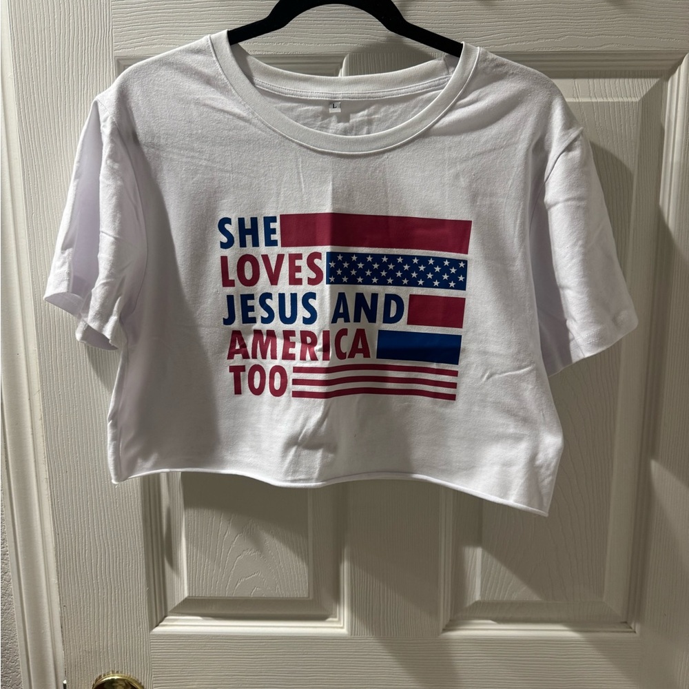 White Graphic Crop Top with Flag Design